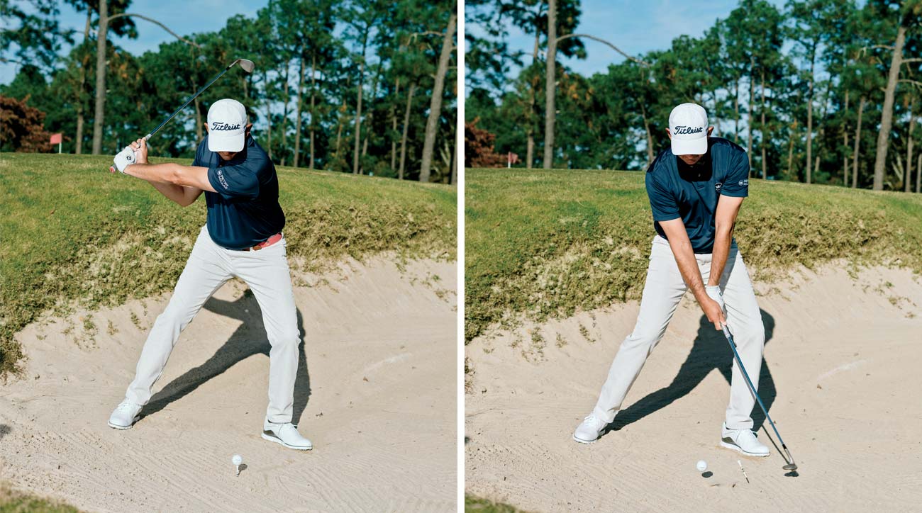 Use a tee to train yourself to hit a low point in the bunker.