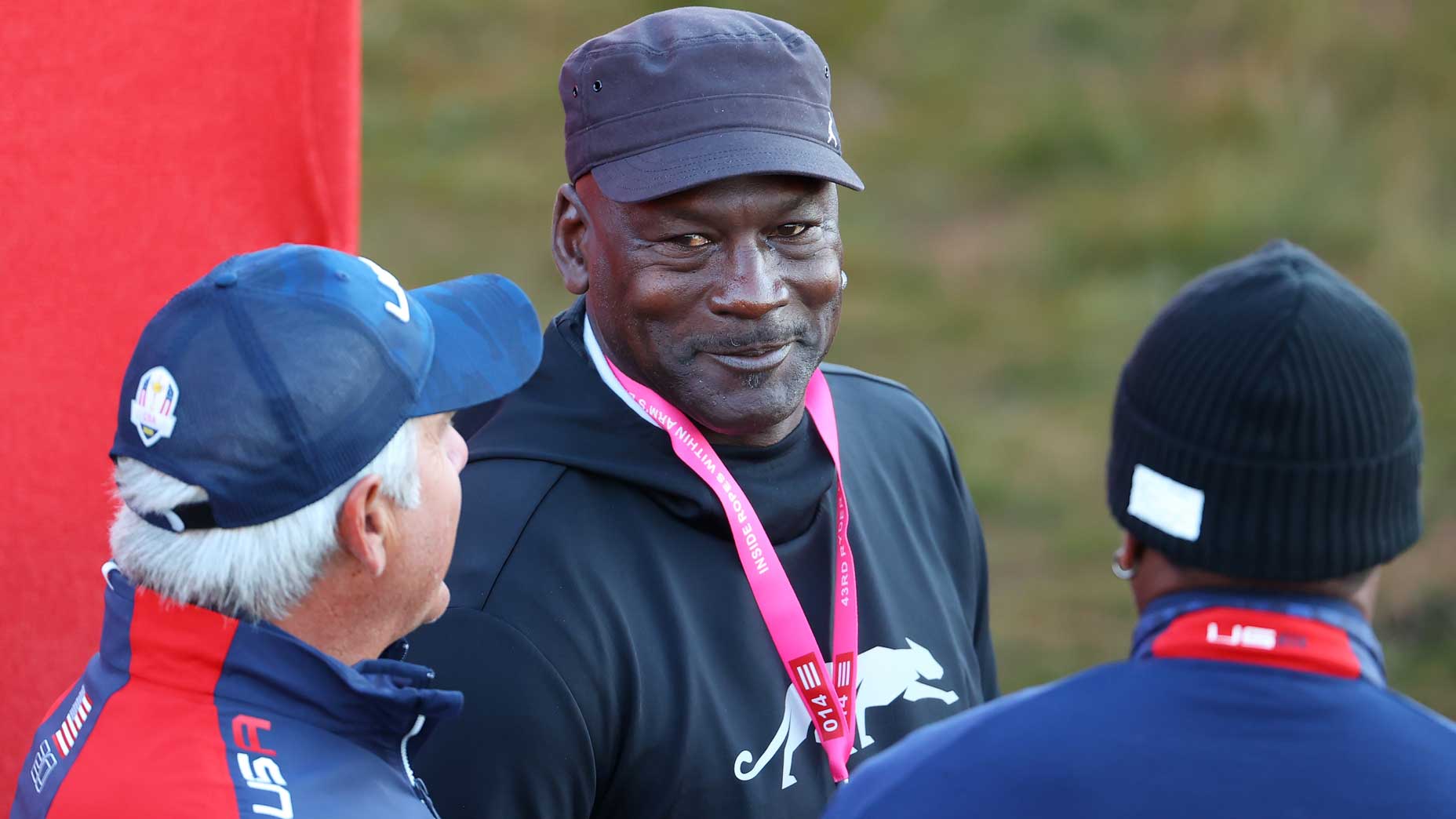 Former NBA star Michael Jordan meets with U.S. team vice-captain Fred Couples during Saturday Morning Foursome Matches of the 2021 Ryder Cup at Whistling Straits.